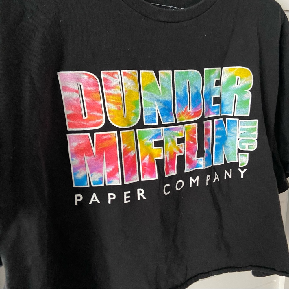 Dunder Mifflin Inc The Office TV Show Tie Dye Graphic Black Crop Tshirt Size XL - Picture 2 of 6